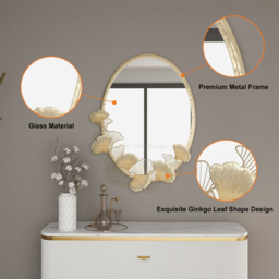 860mm Glam Oval Wall Mirror Hollow-out Ginkgo Leaves in Gold Metal Frame For Bedroom - thumbnail 7