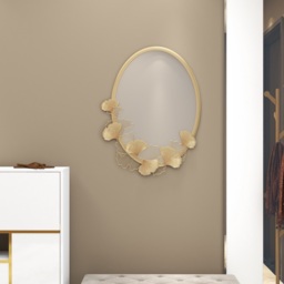 860mm Glam Oval Wall Mirror Hollow-out Ginkgo Leaves in Gold Metal Frame For Bedroom - thumbnail 3
