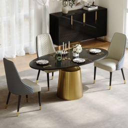 "63"" Modern Oval Faux Marble Top Dining Table with Bronze Carbon Steel Base"