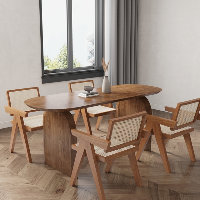 "Dining Table Set 70.9"" Oval Solid Wood Dining Table & 4 Walnut Japandi Rattan Dining Chairs" - image 1