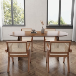"Dining Table Set 70.9"" Oval Solid Wood Dining Table & 4 Walnut Japandi Rattan Dining Chairs" - thumbnail 3