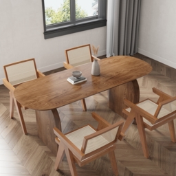 "Dining Table Set 70.9"" Oval Solid Wood Dining Table & 4 Walnut Japandi Rattan Dining Chairs" - thumbnail 2