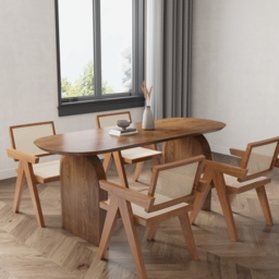 "Dining Table Set 70.9"" Oval Solid Wood Dining Table & 4 Walnut Japandi Rattan Dining Chairs"