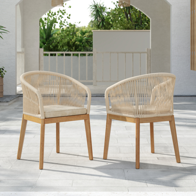 2 PCS Woven Rope & Teak Outdoor Dining Chair Boho Yard & Patio Furniture in Natural Cushion & Pillow Included