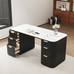 Marble Oval Home Office Desk with 6 Drawers Black Executive Writing Desk (1620mm) - thumbnail 1