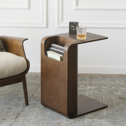 Oak Wood C-Style End Table Decorative Cocktail Table with Magazine Rack Organiser C Side Table in Walnut - thumbnail 1