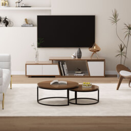 Storage Modern White & Walnut Wood TV Stand Extendable 1200mm-1800mm Floor-standing TV Unit with 3 Drawers - thumbnail 4