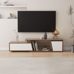 Storage Modern White & Walnut Wood TV Stand Extendable 1200mm-1800mm Floor-standing TV Unit with 3 Drawers - thumbnail 5