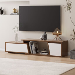 Storage Modern White & Walnut Wood TV Stand Extendable 1200mm-1800mm Floor-standing TV Unit with 3 Drawers - thumbnail 2