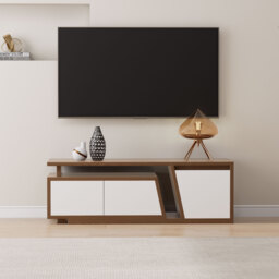 Storage Modern White & Walnut Wood TV Stand Extendable 1200mm-1800mm Floor-standing TV Unit with 3 Drawers - thumbnail 1