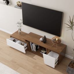 Storage Modern White & Walnut Wood TV Stand Extendable 1200mm-1800mm Floor-standing TV Unit with 3 Drawers - thumbnail 3