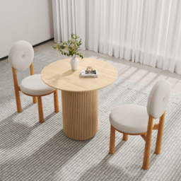 Round Small Dining Table & White Boucle 2 Dining Chairs Set Natural Wood Legs - thumbnail 1