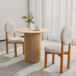 Round Small Dining Table & White Boucle 2 Dining Chairs Set Natural Wood Legs - thumbnail 2