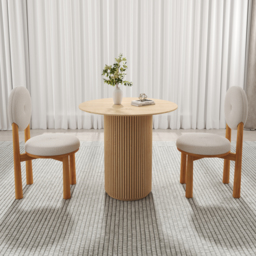 Round Small Dining Table & White Boucle 2 Dining Chairs Set Natural Wood Legs - thumbnail 3
