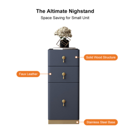 Modern Blue 3-Drawer Bedside Table Narrow Bedside Table with Faux Leather Upholstery - thumbnail 6