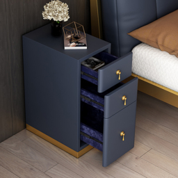 Modern Blue 3-Drawer Bedside Table Narrow Bedside Table with Faux Leather Upholstery - thumbnail 2
