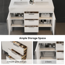 1200mm Bathroom Vanity Freestanding Cultured Marble Top with Double Sink Drawers & Doors White - thumbnail 4