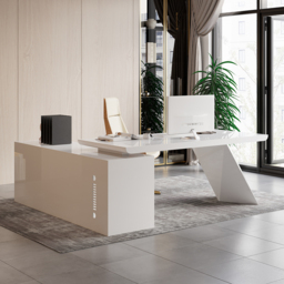 Modern White L-Shape Executive Desk Drawers & Cabinet Home Office Desk Right Hand (180 cm)