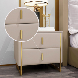 Modern Beige Nightstand 2-Drawer Faux Leather Bedside Table in Gold Set of 2 - thumbnail 2