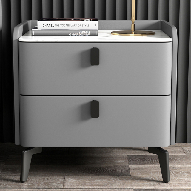 Sintered Stone Top 2-Drawer Leather Bedside Table - image 1