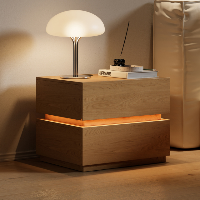 Smart LED Natural Bedside Table Wireless Charging Station Wood Bedside Table with Light Modern - image 1