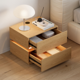 Smart LED Natural Bedside Table Wireless Charging Station Wood Bedside Table with Light Modern - thumbnail 3