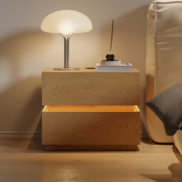 Smart LED Natural Bedside Table Wireless Charging Station Wood Bedside Table with Light Modern - thumbnail 2