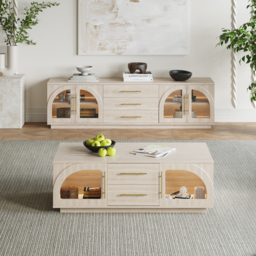 Arune Japandi Whitewash TV Stand Coffee Table Set with LED Lights and Arched Glass Cabinet Doors