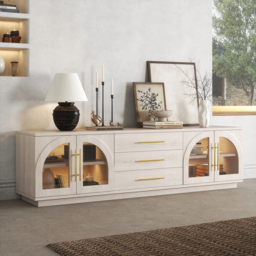 Arune Japandi Whitewash TV Stand Coffee Table Set with LED Lights and Arched Glass Cabinet Doors - thumbnail 4
