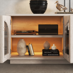 Arune Japandi Whitewash TV Stand Coffee Table Set with LED Lights and Arched Glass Cabinet Doors - thumbnail 8