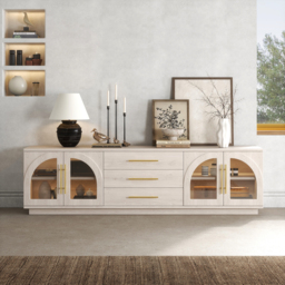 Arune Japandi Whitewash TV Stand Coffee Table Set with LED Lights and Arched Glass Cabinet Doors - thumbnail 3