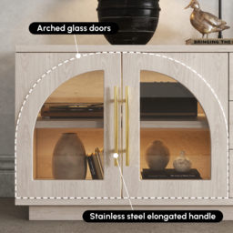 Arune Japandi Whitewash TV Stand Coffee Table Set with LED Lights and Arched Glass Cabinet Doors - thumbnail 7