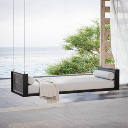 Fencura Patio Woven Rope Hanging Daybed Exterior Porch Swing Chair Sofa in Grey Cushion & Pillow Included - thumbnail 3