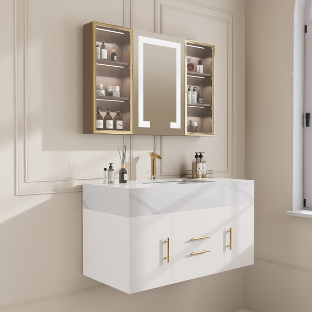 1000mm Floating Ceramic Sink & Stone Top in White & Bathroom Cabinet Vanity - image 1