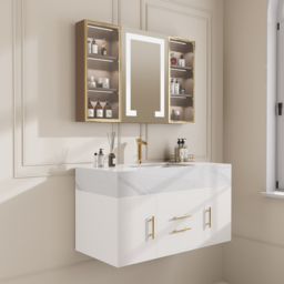 1000mm Floating Ceramic Sink & Stone Top in White & Bathroom Cabinet Vanity - thumbnail 1