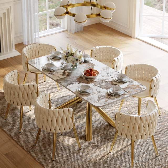 Dining Set 200 cm Rectangle Glossy Pandora Sintered Stone Dining Table with 6 Chairs - image 1
