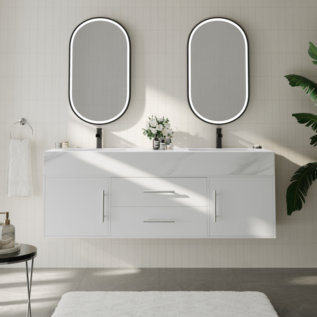 150 cm Double Sink Bathroom Vanity with Silver Handles – White Modern Floating Vanity - image 1