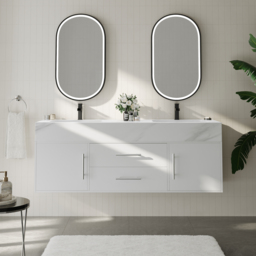 150 cm Double Sink Bathroom Vanity with Silver Handles – White Modern Floating Vanity - thumbnail 1