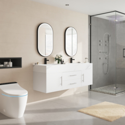 150 cm Double Sink Bathroom Vanity with Silver Handles – White Modern Floating Vanity - thumbnail 4