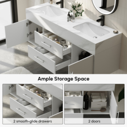 150 cm Double Sink Bathroom Vanity with Silver Handles – White Modern Floating Vanity - thumbnail 5
