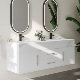 150 cm Double Sink Bathroom Vanity with Silver Handles – White Modern Floating Vanity - thumbnail 2