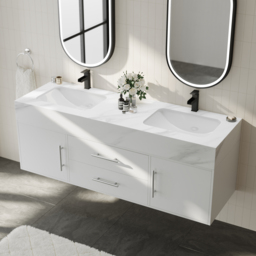150 cm Double Sink Bathroom Vanity with Silver Handles – White Modern Floating Vanity - thumbnail 3