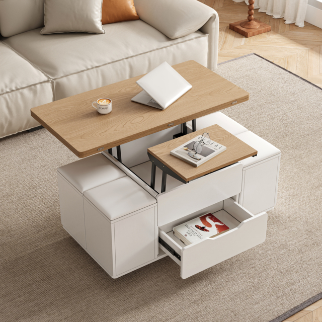 100 cm Lift-Top Foldable Natural &White Coffee Table with 4 Stools & Storage - image 1