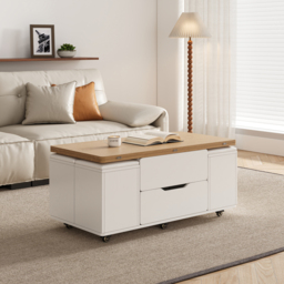 100 cm Lift-Top Foldable Natural &White Coffee Table with 4 Stools & Storage - thumbnail 2
