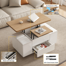 100 cm Lift-Top Foldable Natural &White Coffee Table with 4 Stools & Storage - thumbnail 9