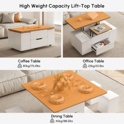 100 cm Lift-Top Foldable Natural &White Coffee Table with 4 Stools & Storage - thumbnail 8