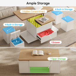 100 cm Lift-Top Foldable Natural &White Coffee Table with 4 Stools & Storage - thumbnail 7