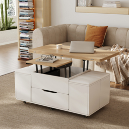 100 cm Lift-Top Foldable Natural &White Coffee Table with 4 Stools & Storage - thumbnail 3