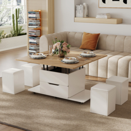 100 cm Lift-Top Foldable Natural &White Coffee Table with 4 Stools & Storage - thumbnail 5