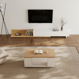 100 cm Lift-Top Foldable Natural &White Coffee Table with 4 Stools & Storage - thumbnail 4